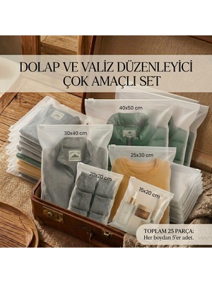 Fermuarlı Yarım Mat Buzlu Şeffaf Tekstil Saklama Torbası Seti, 140 Mikron, Bpa Içermez (5 Farklı Ölçü Her Ölçüden 5'er Adet -Toplam 25 Parça)