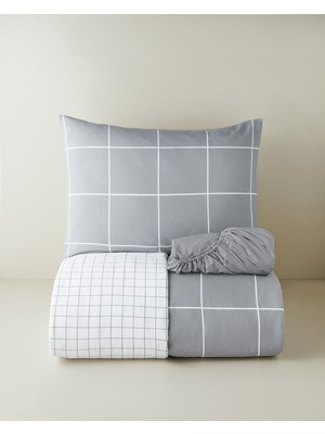 English Home Timeless Grid Kolay Ütülenir Çarşaflı Tek Kişilik Nevresim Takımı 160x220 cm Gri