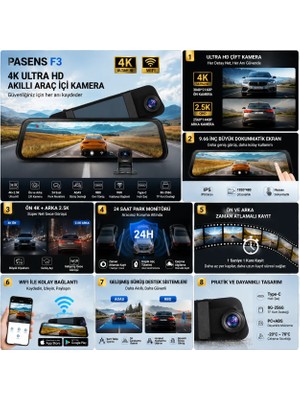 Conio 10 Inç Ayna Araç Kamerası Dash Cam | Çift Kameralı Ultra Hd, Antiparlak Cam, Park Yönlendirimi, Sürekli Döngüsel Kayıt, Hediye Arka Görüş Kamerası