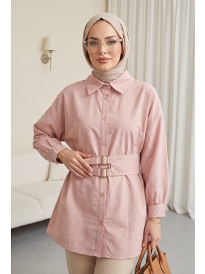 Moda Morfo Çift Tokalı Lastikli Kemerli Önü Düğmeli Cupra Gömlek -Pudra