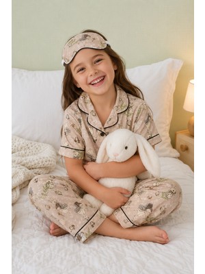 Burcumay  Tavşanlı ve Peri Kızı Desenli Kız Çocuk Düğmeli Pijama Takımı Yazlık Pamuklu Kısa Kollu Uyku Bantlı