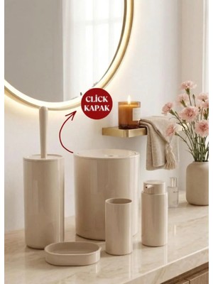 Okyanus Home Bej Yuvarlak 5'li Banyo Seti Modern Stil Suya Dayanıklı Malzeme ile