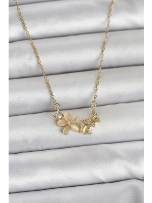 Techora Sale Mey Ithalat® 316L Çelik Zincir Gold Renk Çiçek ve Kelebek Model Kadın Kolye