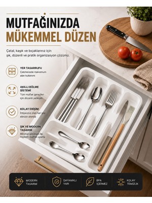 Fevito 6 Bölmeli Çekmece Içi Kaşıklık, Plastik Çatal Bıçak Organizeri, Mutfak Düzenleyici Beyaz S-11003