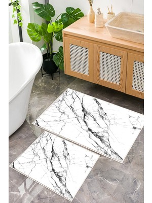 Mortapi Mermer Desenli Dijital Baskılı Yıkanabilir 2li Banyo Paspası