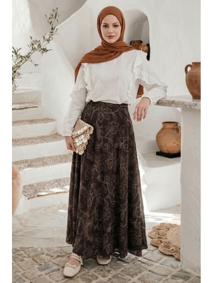 inStyle Çizgi Çiçek Desen Etek Acı Kahve