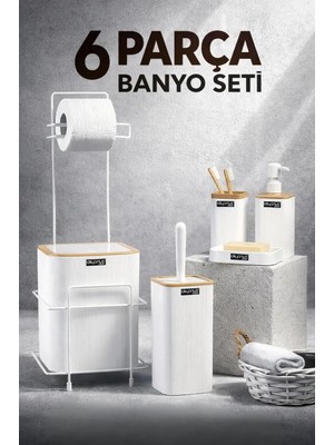 Okyanus Home 6 Parça Beyaz Plastik Modern Tasarım Banyo Seti Yedekli WC Kağıtlık