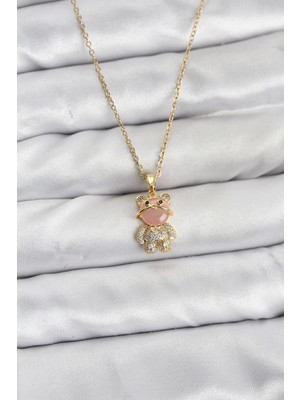 Techora Sale Mey Ithalat® 316L Çelik Zincir Gold Renk Teddy Bear Model Zirkon Taşlı Kadın Kolye