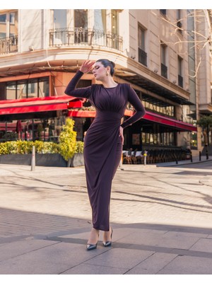 SASILVA Drapeli Taş Aksesuarlı Uzun Kadın Elbise