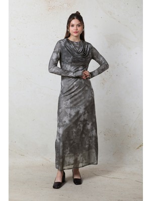 Zülays Batik Desen Tül Elbise Füme