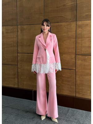 SASILVA Dantel Detaylı Blazer Kadın Takım – Ceket ve Geniş Paça Pantolon Kombin