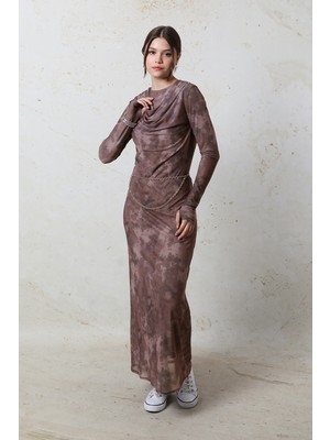 Zülays Batik Desen Tül Elbise Bordo