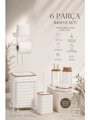 Okyanus Home 6 Parça Beyaz Metal ve Ahşap Desenli Banyo Seti