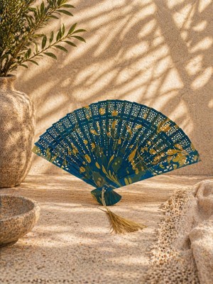 Muguetarts %100 El Yapımı Geleneksel Ebru Sanatı Katlanır Ahşap Yelpaze 20 cm