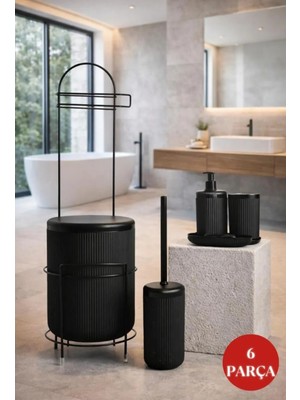 Okyanus Home Siyah Linea Standlı Wc Kağıtlık ve 6 Parça Banyo Seti Modern Stil ve Suya Dayanıklı
