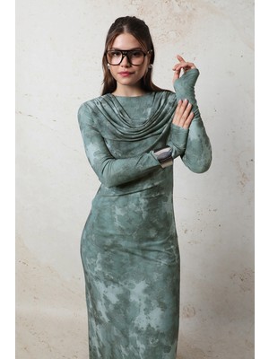Zülays Batik Desen Tül Elbise Mint