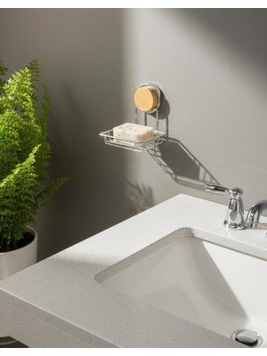 Okyanus Home Ahşap Desenli Magic Fix Sihirli Yapışkan Krom Kuru Sabunluk