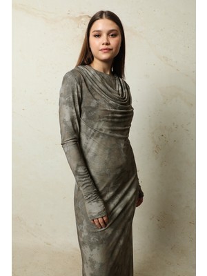 Zülays Batik Desen Tül Elbise Haki