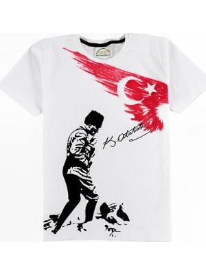 Kidsmadamiko Atatürk Baskılı Beyaz Çocuk T-Shirt Erkek Çocuk Kız Çocuk 8 - 9 Yaş Kısa Kollu Pamuk
