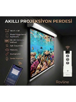 Rovline Akıllı Projeksiyon Perdesi, Wi-Fi + Rf, Motorlu, 290X200, Sesle Kontrol, Kumanda ve Mobil Uygulama Kontrollü, Tuya Uyumlu