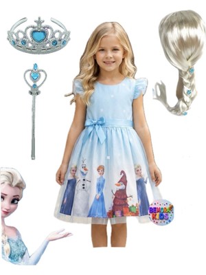 Bemora Kids Elsa Anna Frozen Elbise Mavi Elbise Elsa Anna Baskılı Elbise + Elsa Peruk Saç + Taç Asa Doğum Günü Parti Düğün Davet Bayram Elbise Kostüm