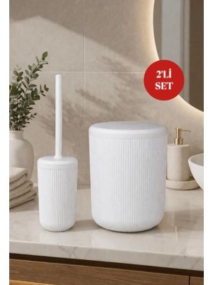 Okyanus Home Linea Beyaz Çizgili Yuvarlak 2'li Wc Kova ve Fırça Seti Suya Dayanıklı Modern Stil
