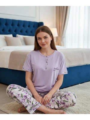 Mihra Kadın Ring Viskon Düğmeli Yaka Kısa Kol Likralı Pijama Takımı 40112M - 1 Adet
