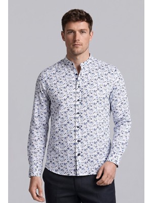 Bisse Lacivert Regular Fit Keten Cepsiz Uzun Hakim Yaka Gömlek BSGMKTN26307_C39