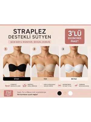 NBB 3’lü Straplez Destekli Sütyen Ekonomik Paket – Siyah Ten Beyaz