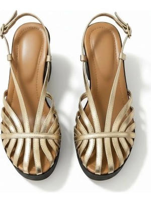 Ne&Ve Shoes Altın Deri Biye Kadın Takunya Sandalet