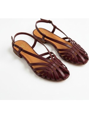 Ne&Ve Shoes Bordo Deri Biye Kadın Günlük Sandalet
