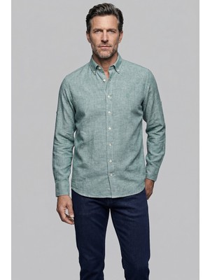 Bisse Yeşil Regular Fit Cepsiz Uzun Paşa Yaka Gömlek GMKTN261086_47