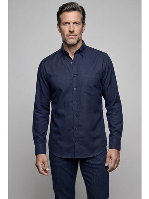 Bisse Lacivert Regular Fit Pamuk Cepsiz Uzun Paşa Yaka Gömlek GMOKS252099_D39