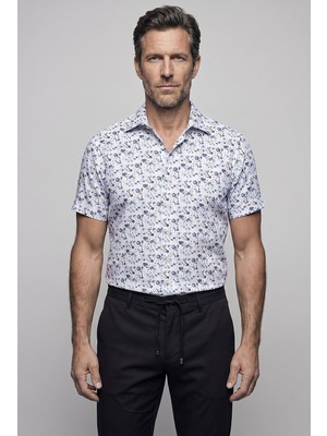Bisse Lacivert Regular Fit Keten Cepsiz Bisse Studio Kısa Apaj Yaka Gömlek BSGMKTN26331_C39