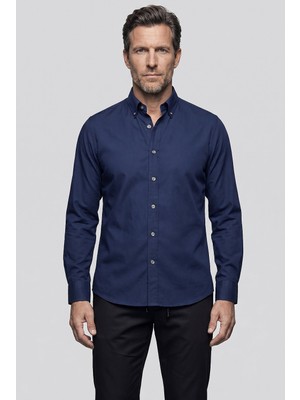 Bisse Lacivert Regular Fit Pamuk Cepsiz Uzun Paşa Yaka Gömlek GMKLS261089_D39