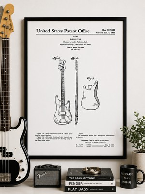 Pegziz Bas Gitar Patent Çizimi Tablosu Müzik Aleti Duvar Dekor Tablo