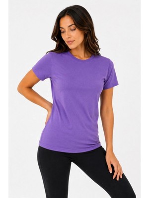 Marsilyan Kadın Basic Tişört Bisiklet Yaka Kısa Kol Günlük Yazlık Slim Fit T-Shirt - Mor