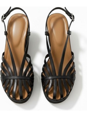 Ne&Ve Shoes Siyah Deri Biye Kadın Takunya Sandalet