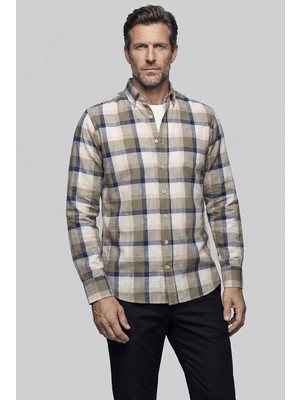 Bisse Haki Regular Fit Keten Cepsiz Uzun Paşa Yaka Gömlek GMKTN261087_49