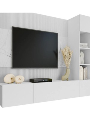 Sare Trade Hernest A Kalite 220 cm Modern Tv Ünitesi Beyaz Mermer Desen Push To Open Duvar Raflı Şık Tasarım