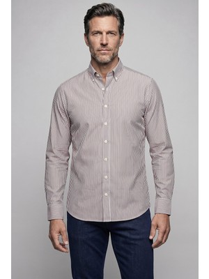Bisse Kahve Regular Fit Pamuk Cepsiz Yaşa Yaka Uzun Gömlek GMCZG261088_K11