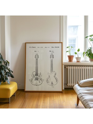Pegziz Gitar Patent Çizimi Tablosu Müzik Alet Duvar Dekor Tablo