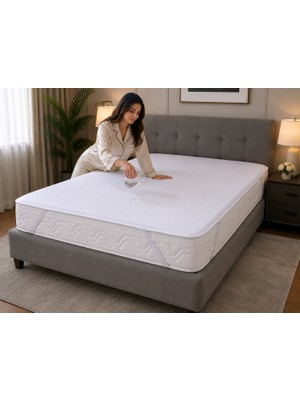 Tekstil Stokları 160x200 cm Üstü Örme Havlu Kumaş Alt PU Dört Kenar Lastikli Çift Kişilik Sıvı Geçirmez Yatak Koruyucu Alez