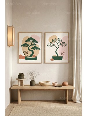 Tontilika Minimalist Doğa Bonsai Ağaçları 2'li Ahşap Çerçeveli Tablo Seti