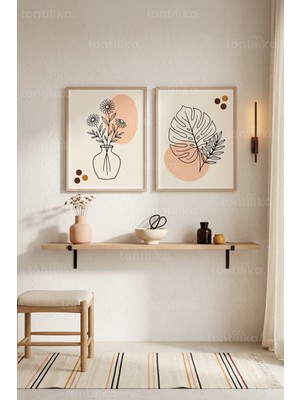 Tontilika Minimalist Bitkisel Çizgi Sanatı 2'li Ahşap Çerçeveli Tablo Seti