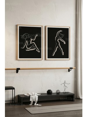 Tontilika Dans Temalı Minimal Line Art 2'li Ahşap Çerçeveli Tablo Seti