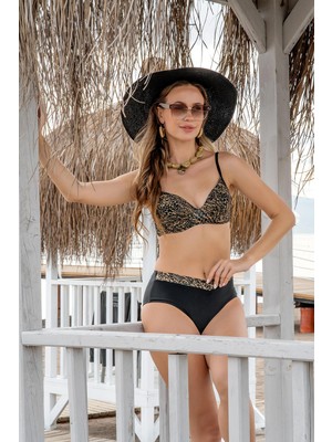Ruko Leopar Desenli Boş Kap Balenli Bikini Takımı Yüksek Bel Toparlayıcı Şık Plaj Bikini Seti C0T3N1O62-1