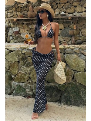 Bella Notte Puantiye Desenli 3 Parça Plaj Kombini Bikini Takımı ve Pareo