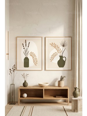 Tontilika Bitki Temalı Minimalist 2'li Ahşap Çerçeveli Tablo Seti
