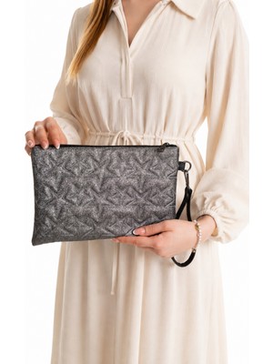 Sannora Bags Yıldız Nakışlı Siyah Portföy Çanta Kadın Clutch Bilek Askılı Astarlı Şık El Çantası